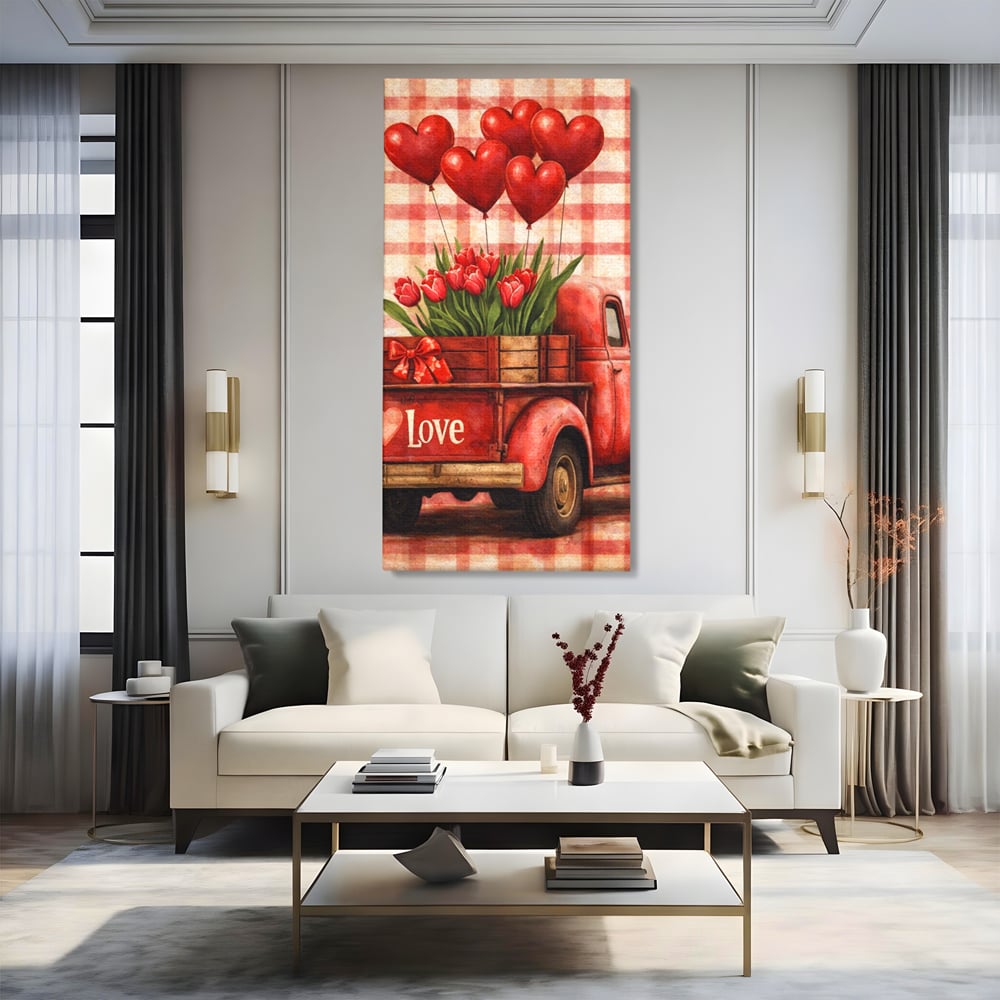 Tablou canvas cu tablou canvas cu un camion rosu vintage, fara rama, pe sasiu de lemn, pe perete intr-un living